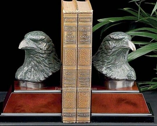 7-1/2" Patina Finished Brass Eagle Bookend On Burl Wood Base