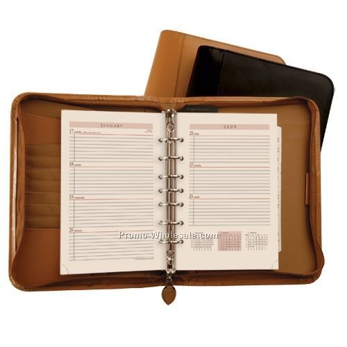 Black Bonded Leather Zippered Weekly Organizer