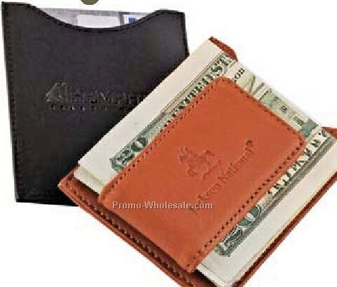 Full Grain Aniline Leather Magnetic Money Clip With Pocket