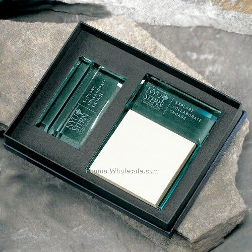 Glass Gift Set W/ Business Card Holder & Message Pad Holder