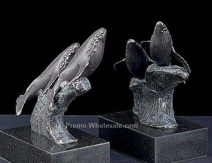 Humpback Whale Bronzed Metal Bookend In Black Marble Base