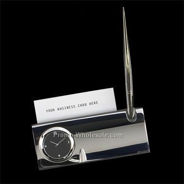 Silver Plated Business Card Holder W/ Clock-screened