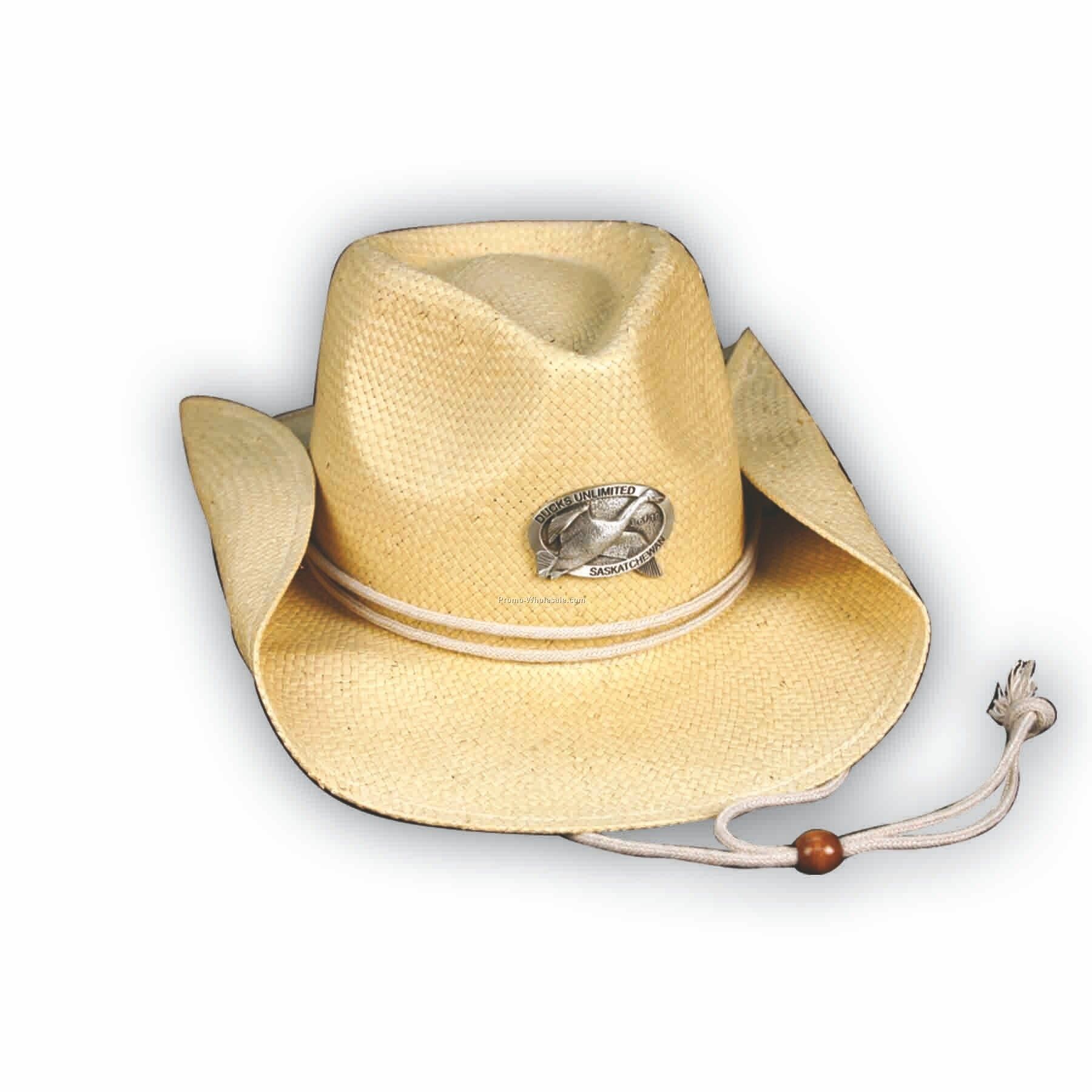 Straw Cowboy Hat W/ Bolo Tie (Pewter Emblem)