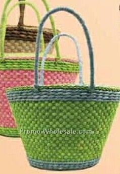 Straw Handbag With Matching Top And Bottom Band Accent