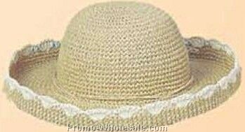 Straw Hat W/ Roll Up Brim & Scalloped Trim (One Size Fit Most)