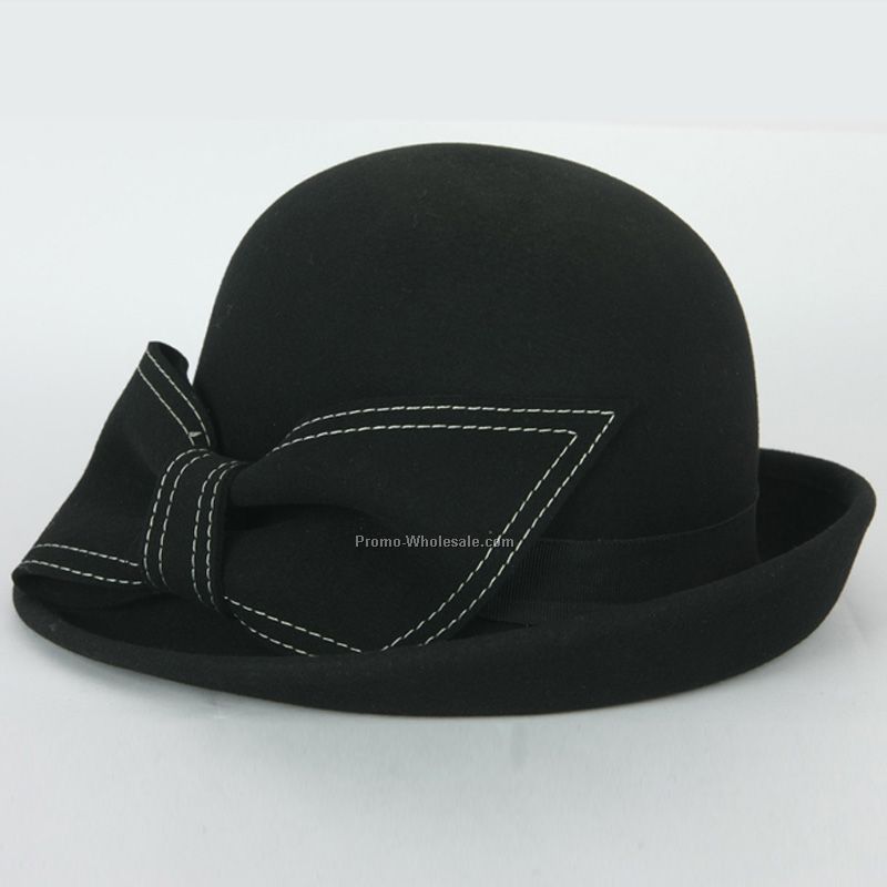 Lady black winter wool hat with bow